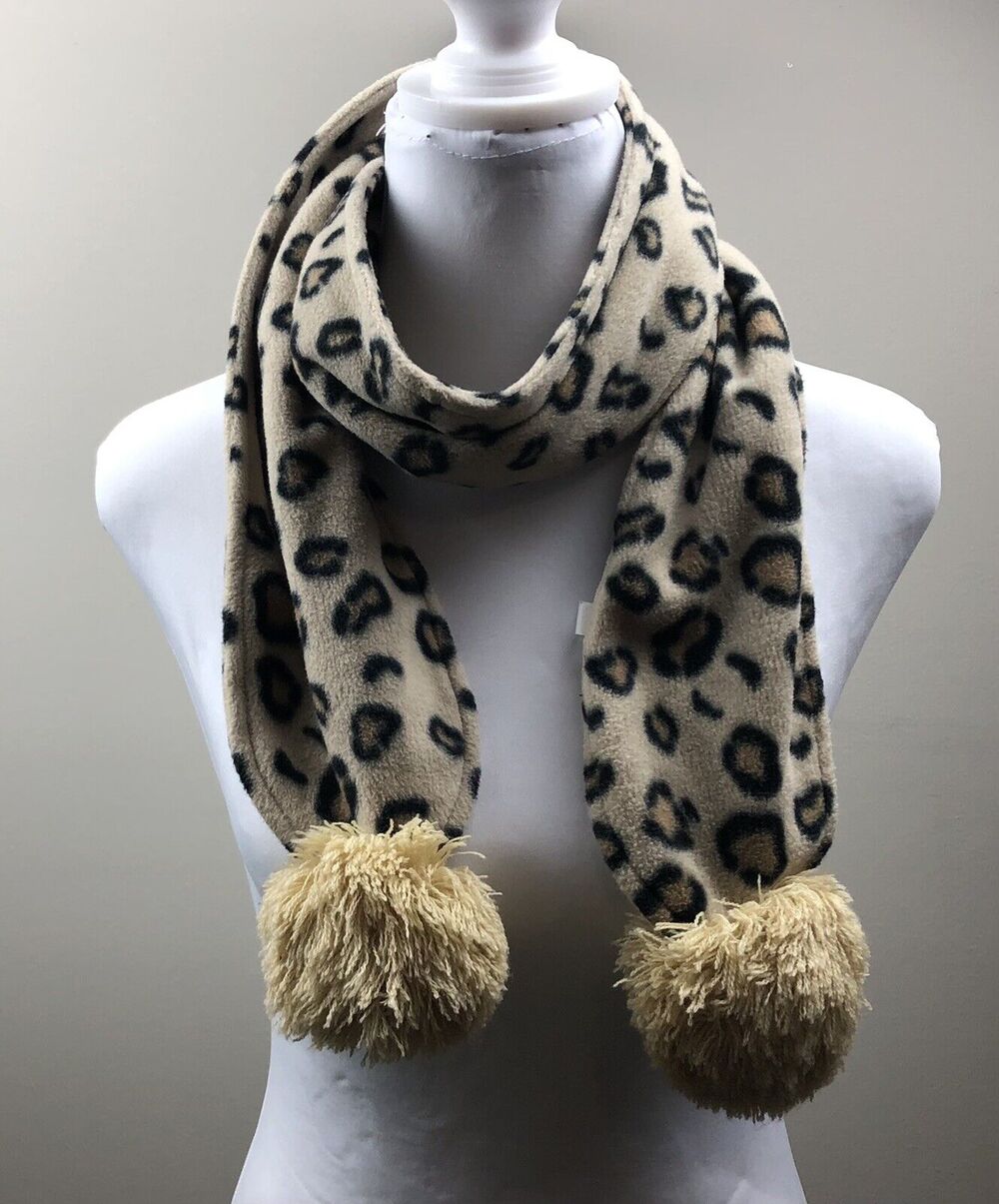 Pom Pom Scarf Women Animal Print Tan Black Wrap Fleece Soft Warm 52 x 5 Fashion
